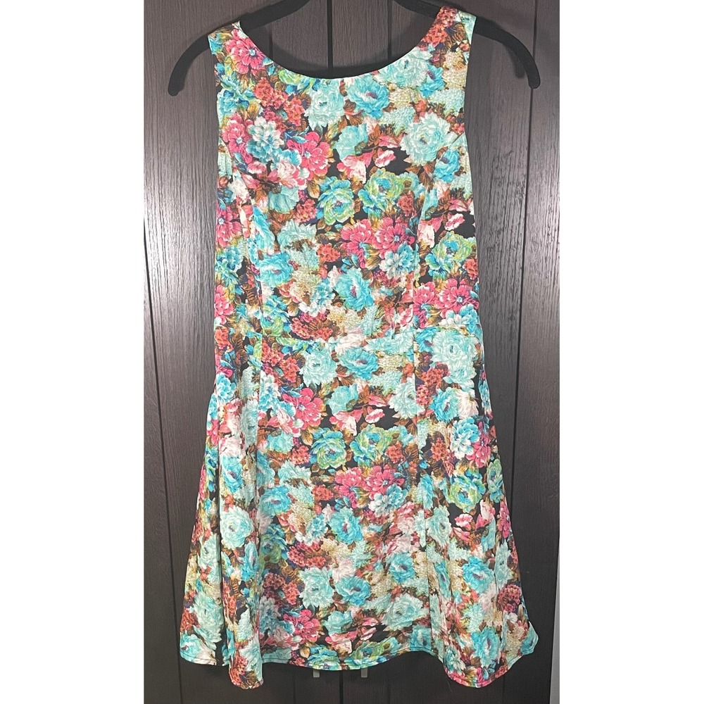 Floral Sleeveless Mini Dress Turquoise Pink Green Fit and Flare V-Back Mini